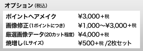 オプション（税込） ポイントヘアメイク \3,000＋税 画像修正（1ポイントにつき） \1,000～\3,000＋税 厳選画像データ（20カット程度） \4,000＋税 焼増し（Lサイズ） \500＋税／2枚セット